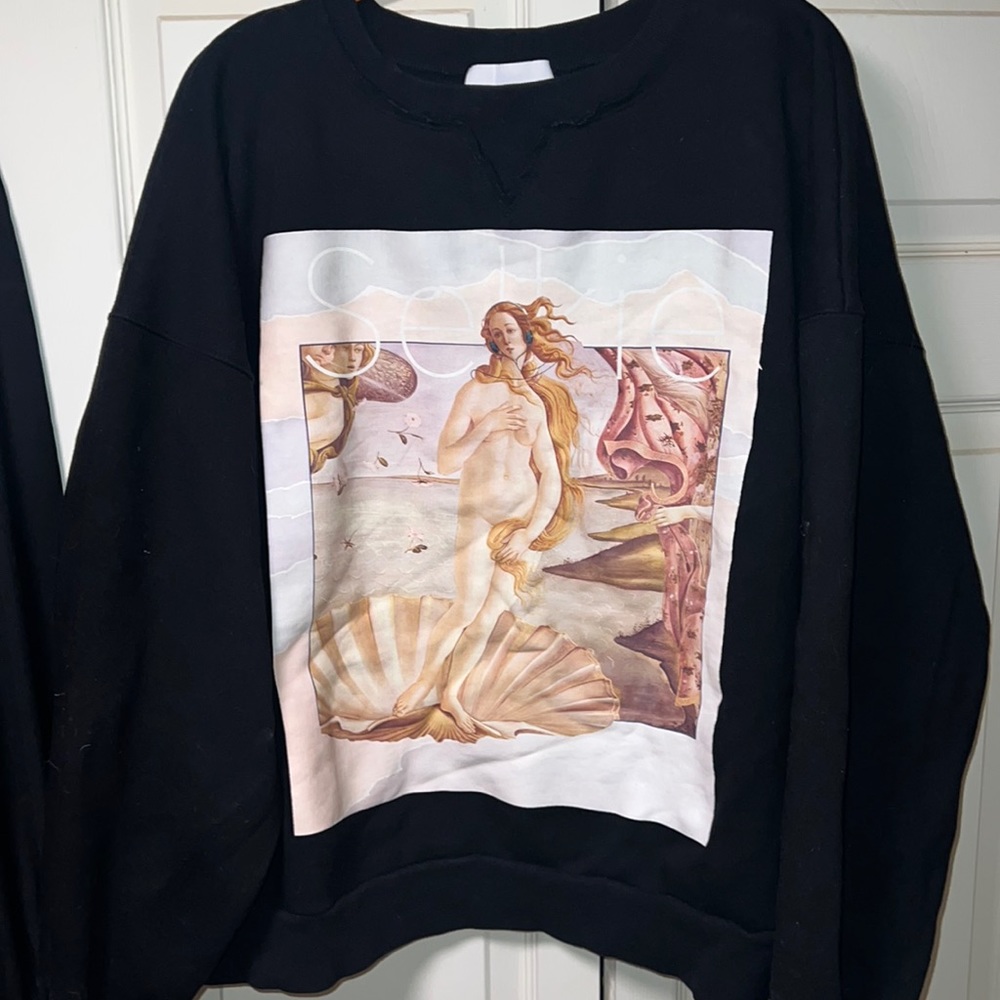 Selkie Rennaissance crew neck.  Oversized.  Raw hem at neckline.  Worn 2x.